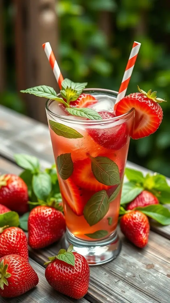 A refreshing Strawberry Basil Smash cocktail with strawberries and basil leaves, served in a glass with striped straws.