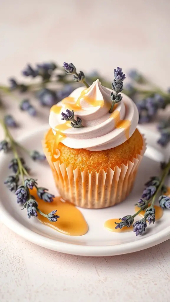 Lavender honey cupcake with frosting and lavender sprigs