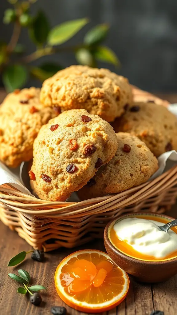 A basket of freshly baked orange scones with raisins, served with orange slices and cream.