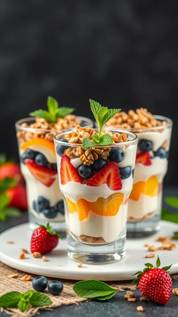 Three fruit and yogurt parfaits layered with strawberries, blueberries, and granola, garnished with mint leaves.