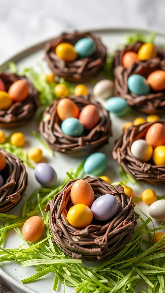 Colorful chocolate nests filled with candy eggs on a plate