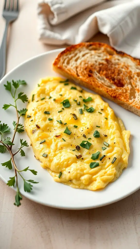A savory herb-infused omelette served with toasted bread and garnished with fresh herbs.