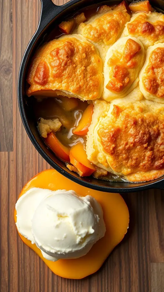 A delicious peach cobbler with a biscuit topping served with a scoop of vanilla ice cream.