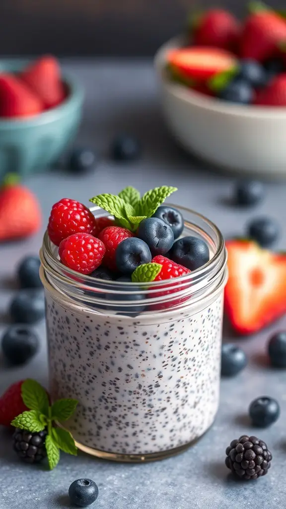 A jar of berry chia seed pudding topped with fresh raspberries, blueberries, and mint leaves, with more berries in the background.