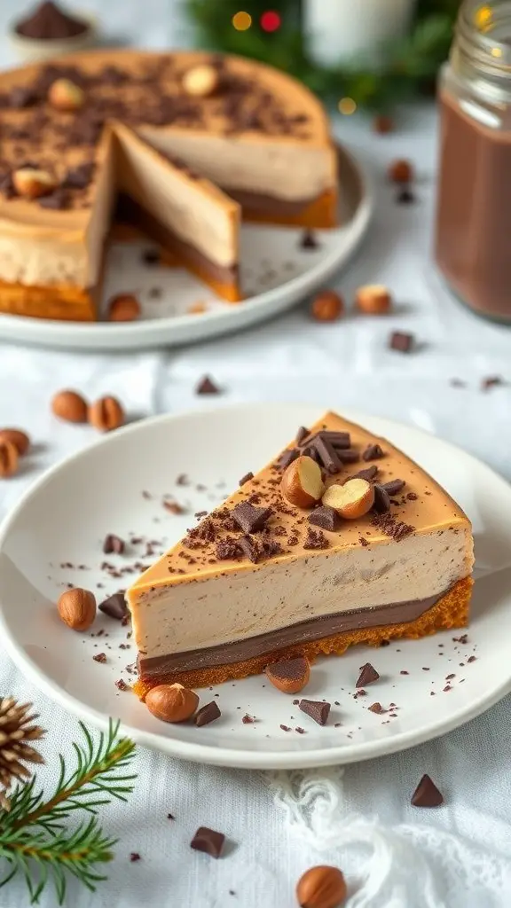 A slice of No-Bake Nutella Cheesecake on a plate, garnished with chocolate shavings and hazelnuts.