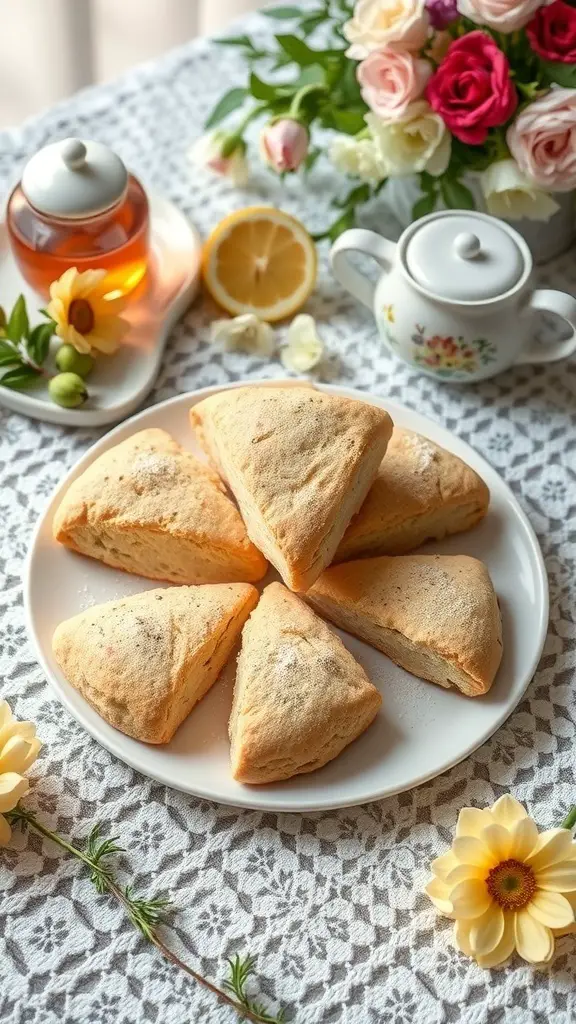 A plate of rosemary and lemon scones with a teapot and flowers in the background.