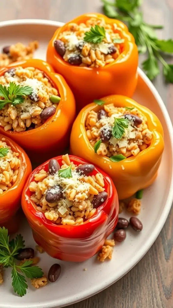 Colorful stuffed bell peppers filled with rice and beans on a plate.