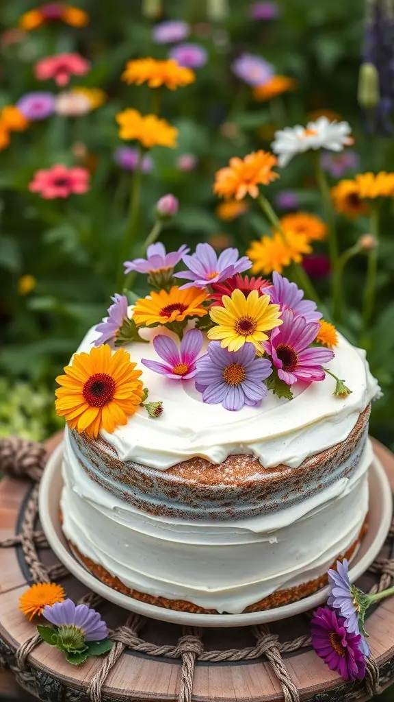 A beautifully decorated carrot wildflower cake with colorful flowers on top, set against a backdrop of blooming wildflowers.