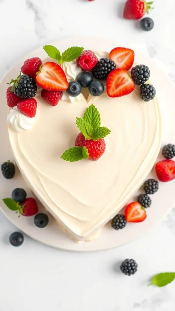 A heart-shaped vanilla bean cake topped with fresh berries and mint