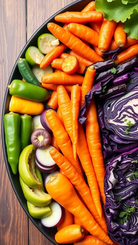 A colorful assortment of vegetables including carrots, peppers, and cabbage arranged on a platter.