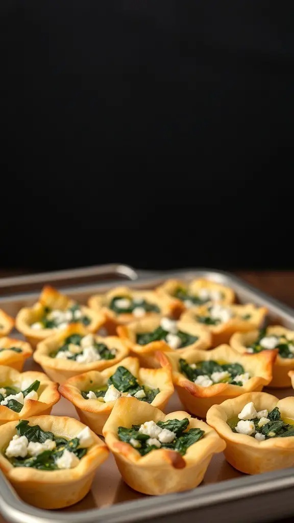 A tray of mini quiches filled with spinach and feta cheese