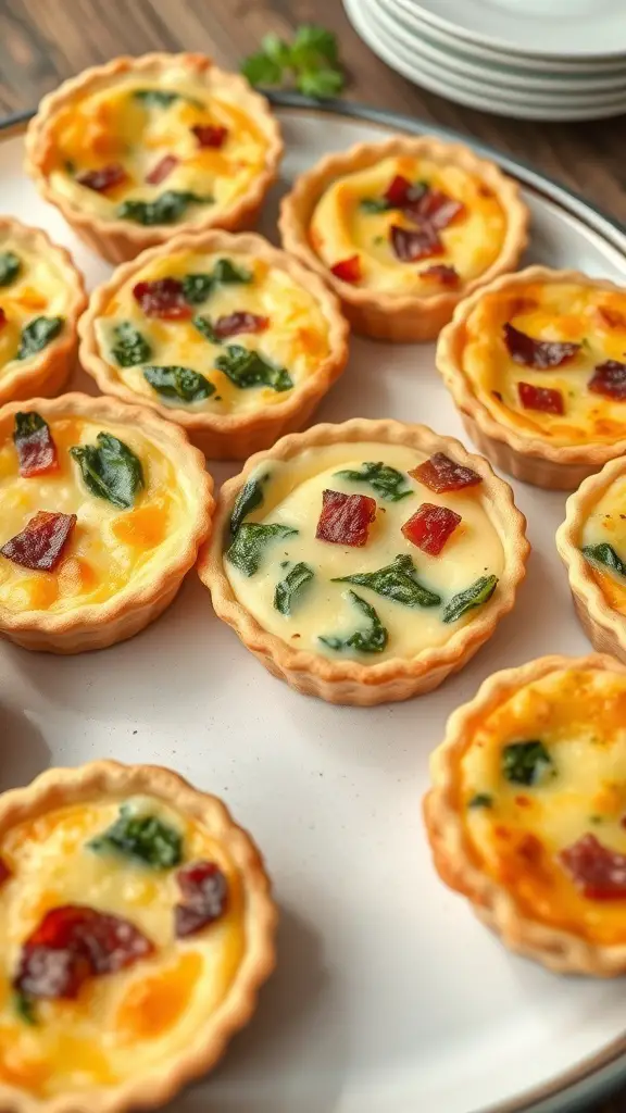 A platter of mini quiches with assorted fillings, including spinach, cheese, and bacon.