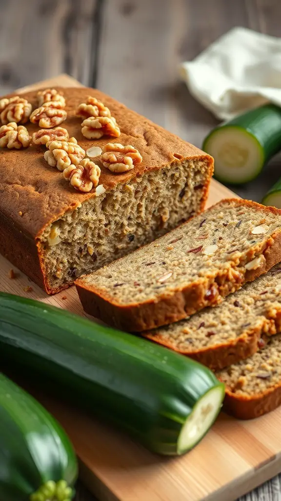 A loaf of zucchini bread with walnuts, sliced, on a wooden board with fresh zucchinis beside it.