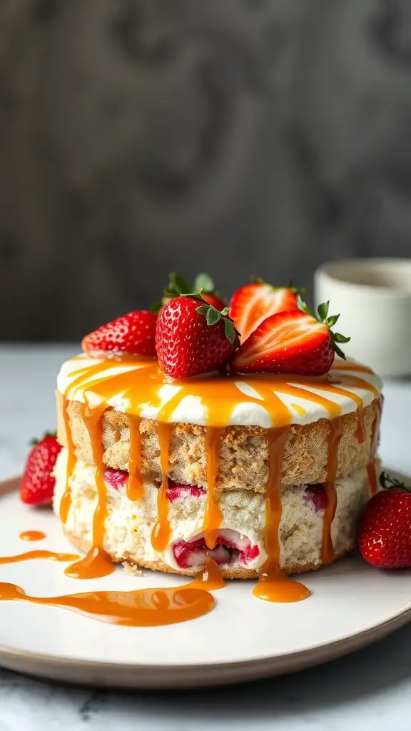 A delicious caramel strawberry poke cake topped with fresh strawberries and caramel sauce.