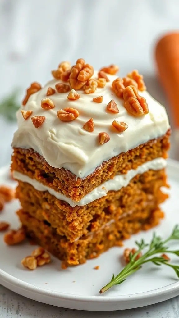 A slice of carrot cake with cream cheese frosting and walnuts on top