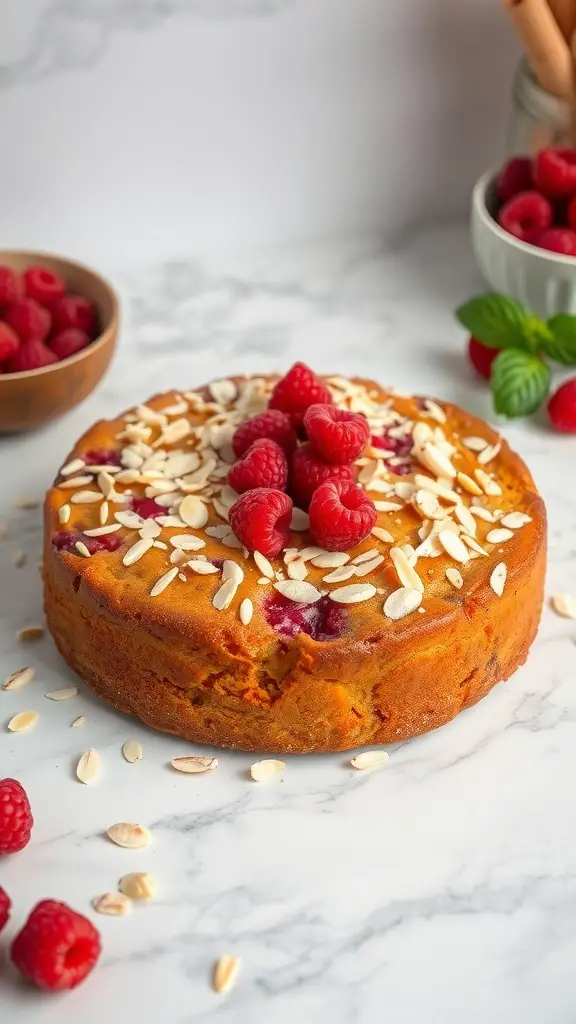 A Raspberry Almond Cake topped with raspberries and almond slices.