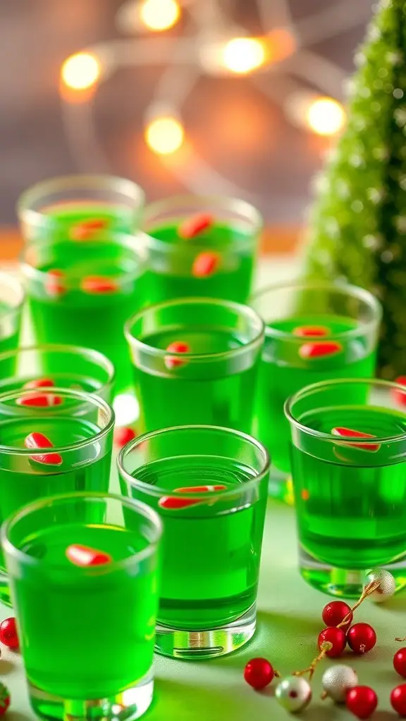Colorful green Jello shots with red candy toppings, perfect for St. Patrick's Day celebrations.