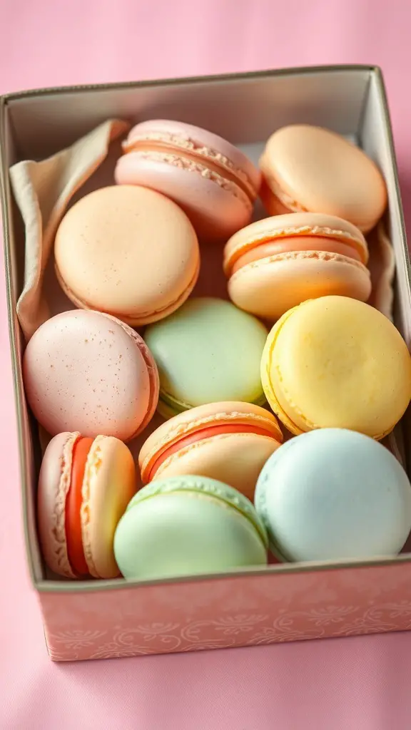 A box of assorted pastel-colored macarons