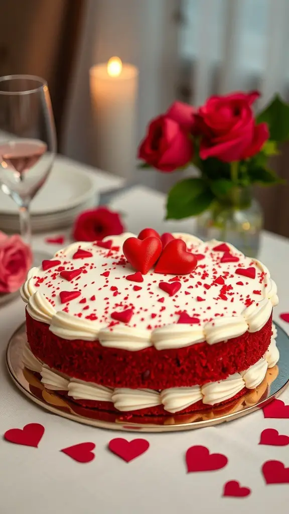 A beautifully decorated red velvet cake with heart shapes on top, surrounded by roses and a candle.
