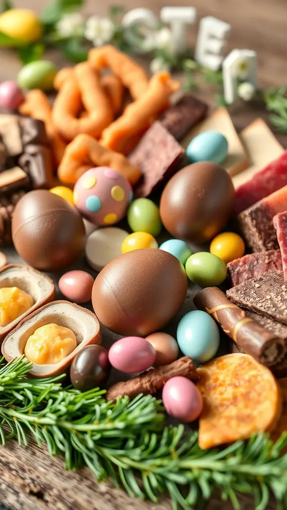 A colorful Easter charcuterie board filled with chocolate eggs, candies, and treats.
