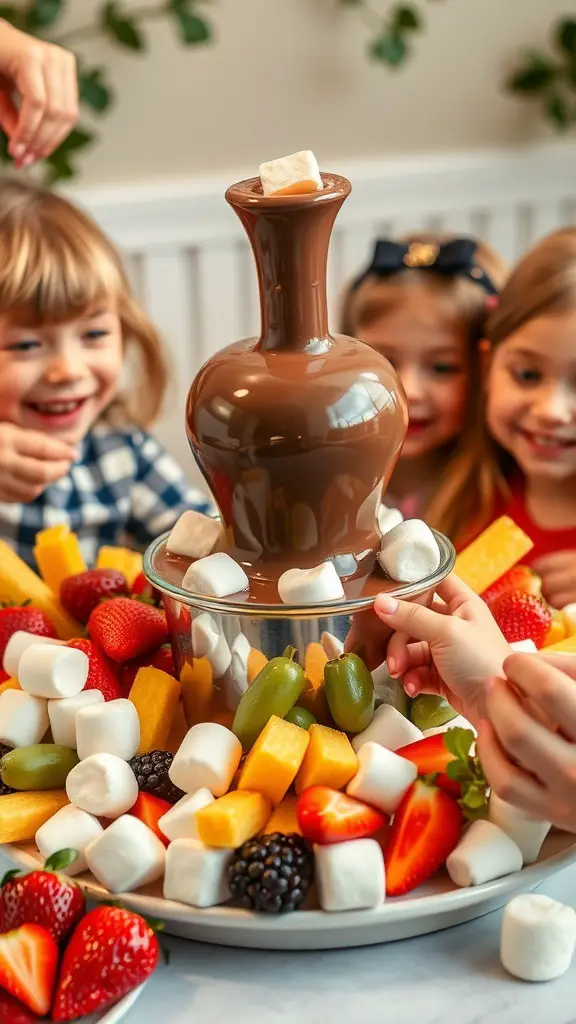 A chocolate fondue fountain surrounded by fruits and marshmallows with kids excitedly reaching for dippables.
