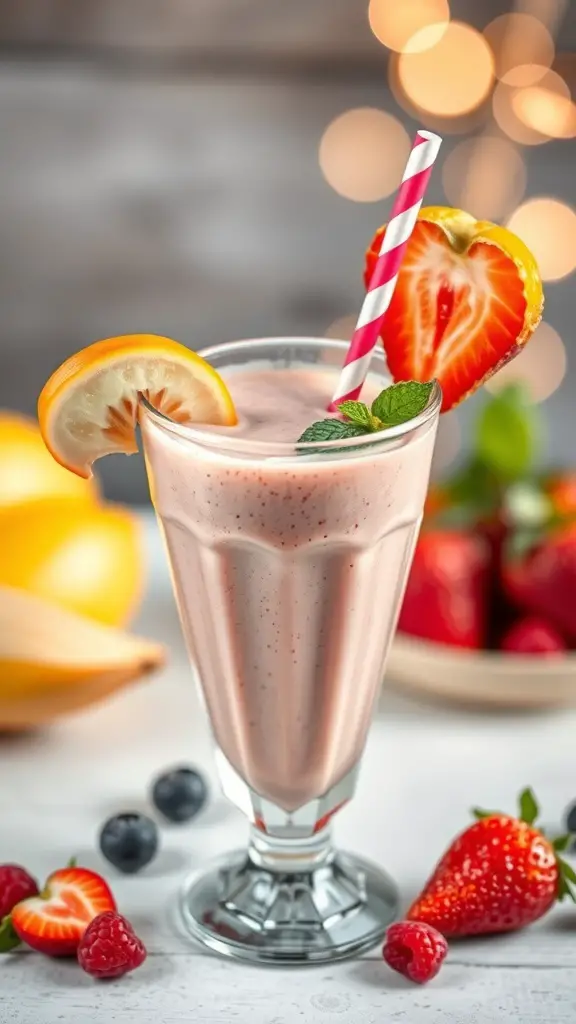 A delicious fruit smoothie topped with strawberries and a slice of orange, served in a tall glass with a straw.