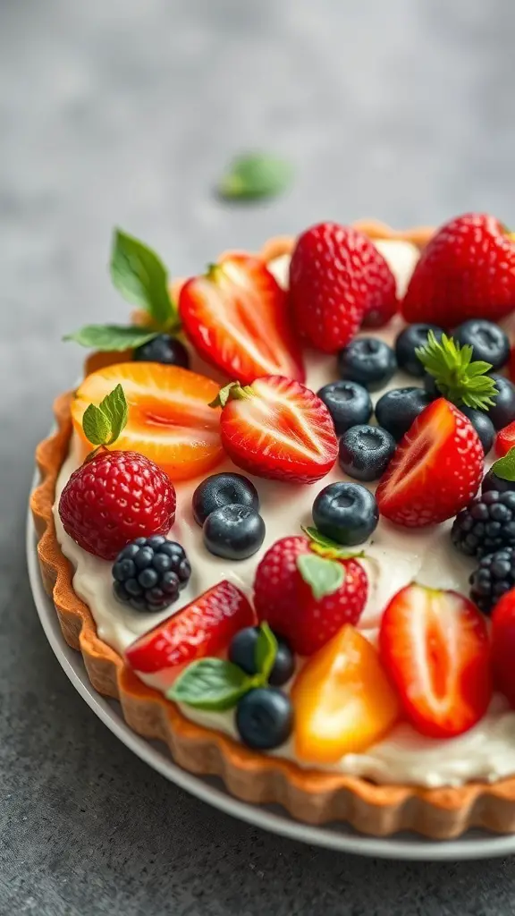 A delicious fruit tart topped with seasonal berries, including strawberries, blueberries, raspberries, and blackberries.