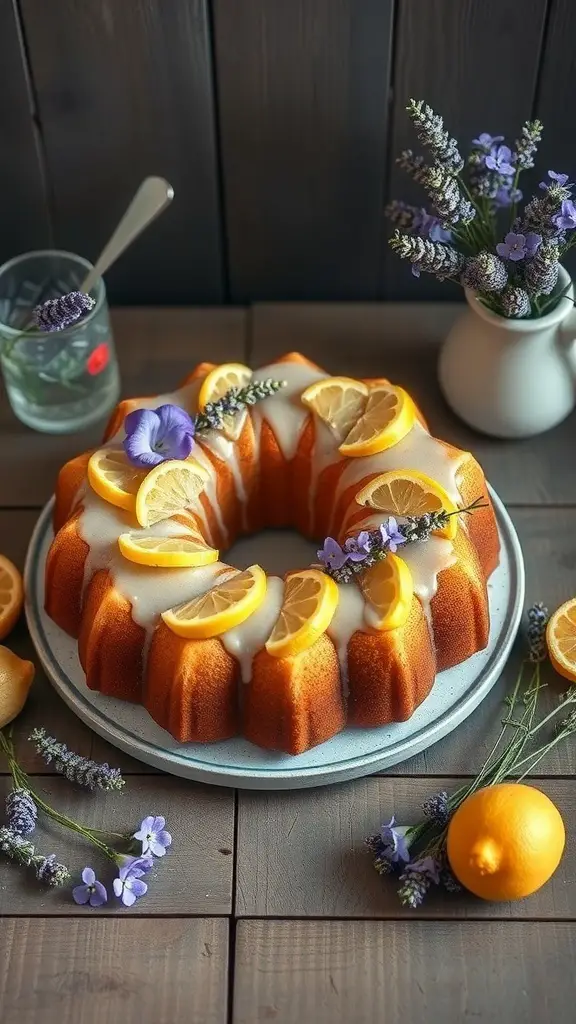 A beautifully decorated Lemon Lavender Bundt Cake with lemon slices and lavender flowers.