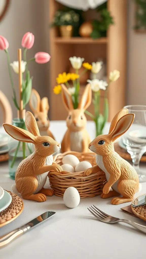 Easter table setting with charming bunny figurines and a basket of eggs
