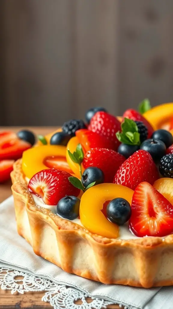 A beautifully arranged Crostata di Frutta topped with seasonal fruits like strawberries, blueberries, and peaches.