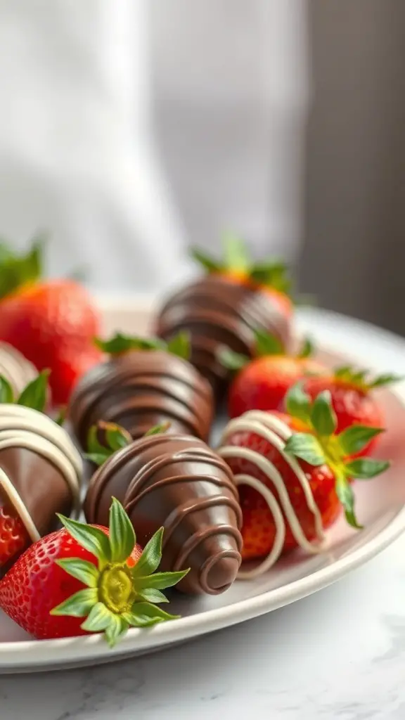 A plate of chocolate-dipped strawberries, some decorated with white chocolate drizzle.