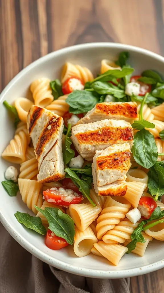 A bowl of cold pasta salad with grilled chicken, spinach, and cherry tomatoes.