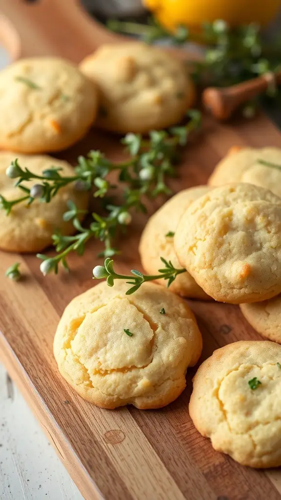Honey Lemon Thyme Cookies on a wooden board with fresh thyme sprigs