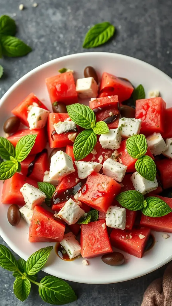 A plate of watermelon feta salad with mint leaves and balsamic glaze.