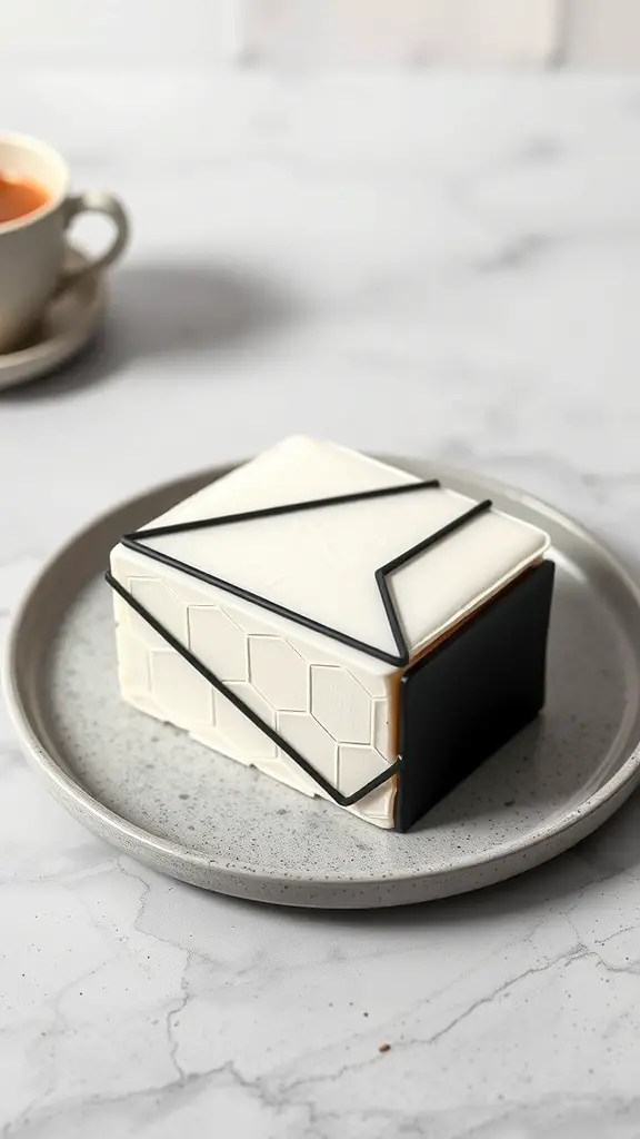 A minimalist bento cake with geometric design in white and black colors.