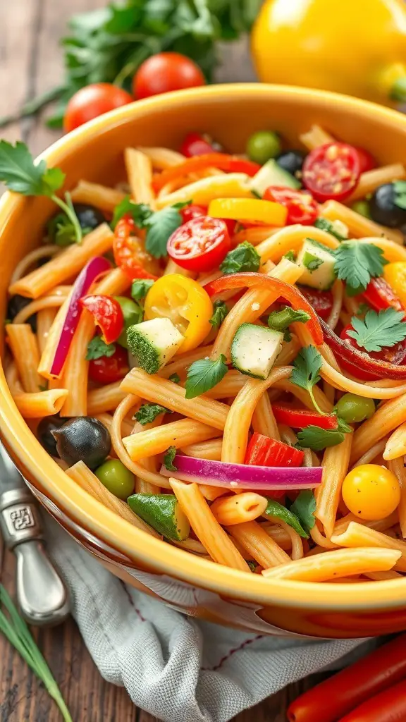 A colorful bowl of rainbow pasta salad with fresh herbs and vegetables.