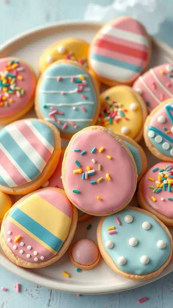 A plate of colorful Easter egg cookies decorated with icing and sprinkles.