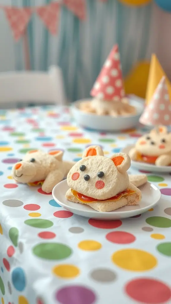 Animal-shaped sandwiches on a colorful table for a kids' birthday party
