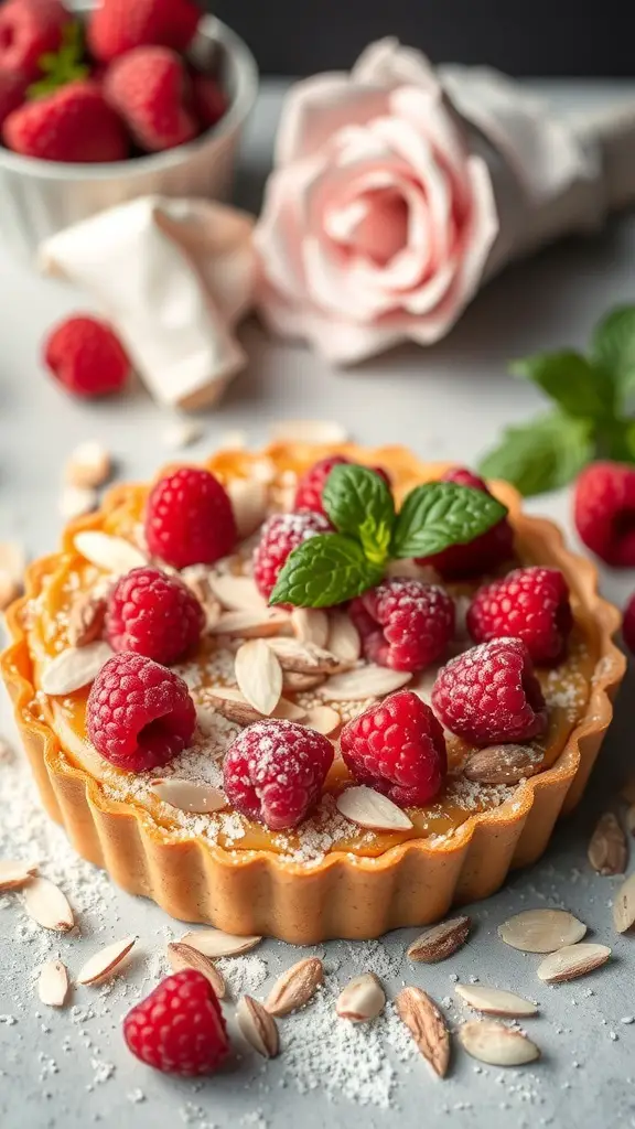 A beautifully arranged Raspberry Almond Tart topped with fresh raspberries and almonds, with a rose and more raspberries in the background.