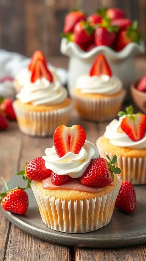 Delicious strawberry shortcake cupcakes topped with whipped cream and fresh strawberries