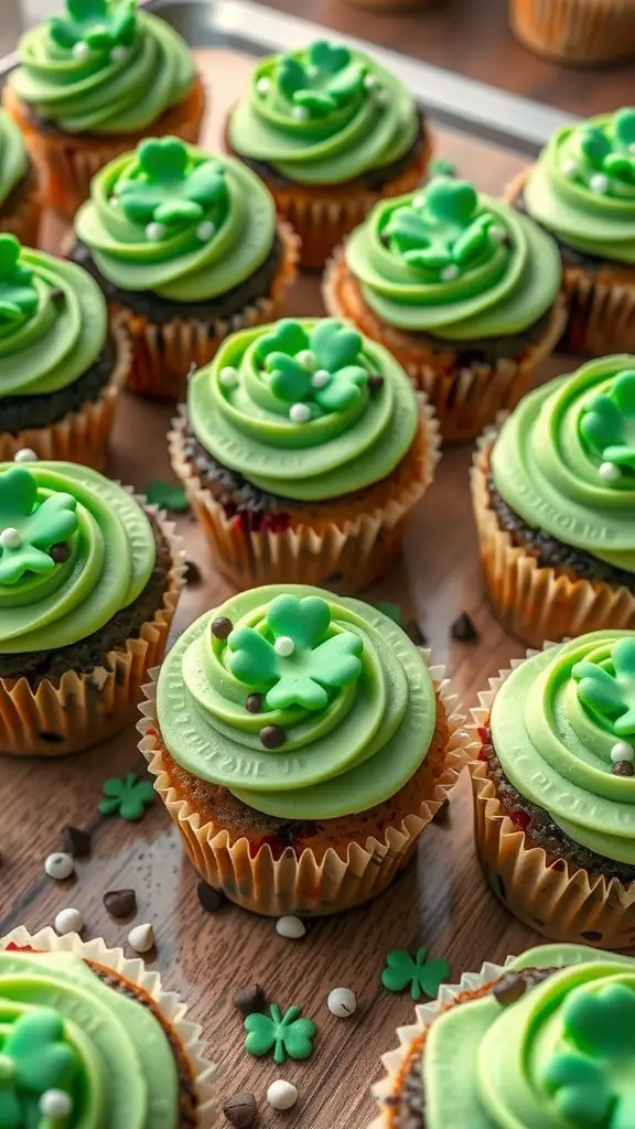 Mint chocolate chip cupcakes with green frosting and shamrock decorations