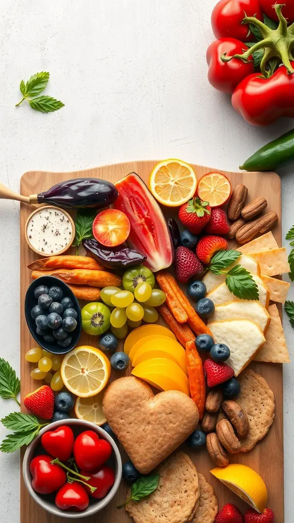 A heart-shaped charcuterie board filled with colorful fruits, vegetables, cheeses, and snacks.