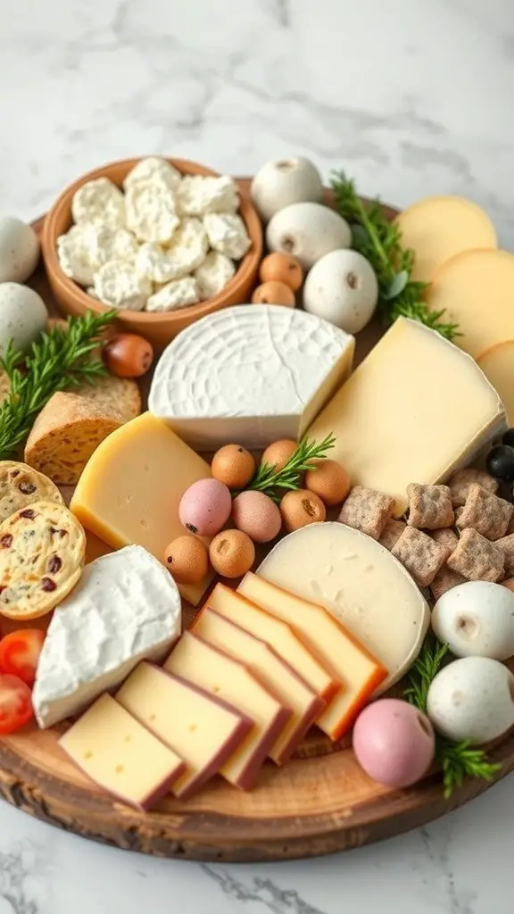 A beautifully arranged Easter charcuterie board featuring various cheeses, crackers, and decorative elements.