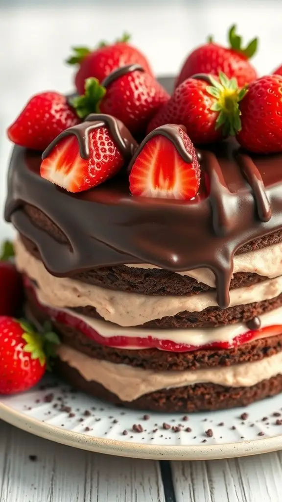 A delicious chocolate ganache layer cake topped with fresh strawberries.