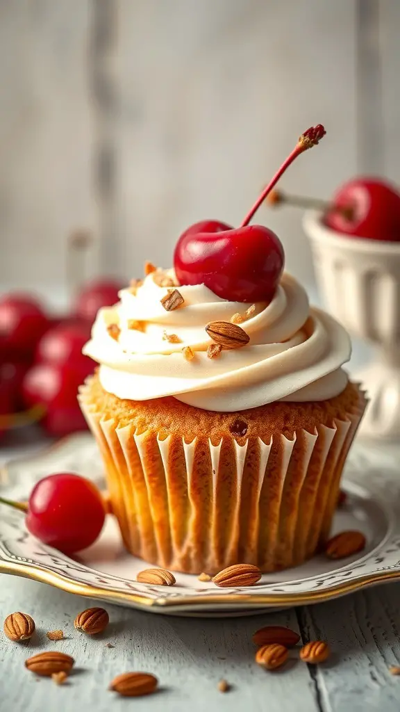 A cherry almond cupcake topped with a cherry and almonds on a decorative plate.