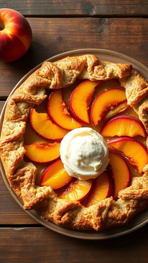 A peach galette topped with vanilla ice cream on a wooden table.
