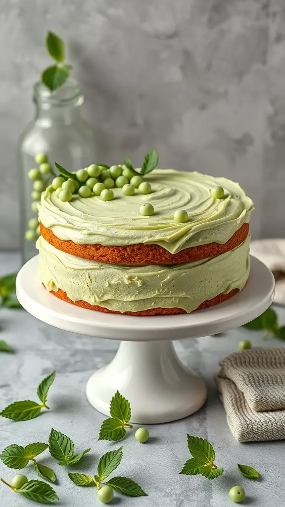 A beautifully decorated Pea and Mint Cake on a white cake stand, topped with green peas and mint leaves.