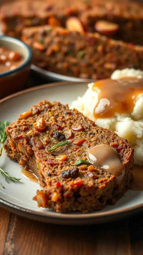 A slice of savory vegan lentil loaf served with mashed potatoes and gravy.