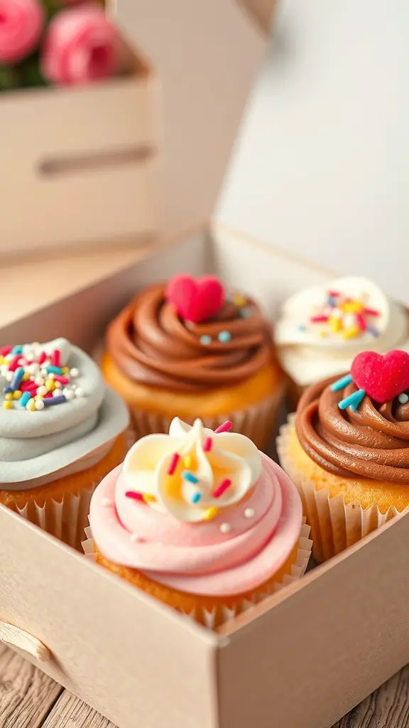 A box filled with colorful cupcakes topped with frosting and sprinkles.