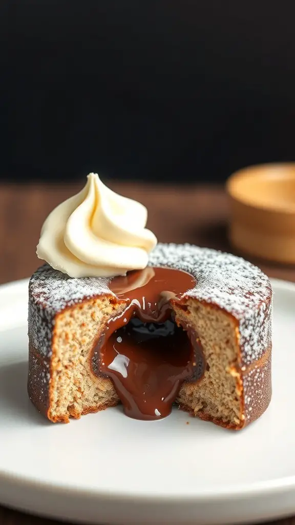 A Chocolate Lava Bento Cake with a gooey chocolate center and a swirl of whipped cream on top.